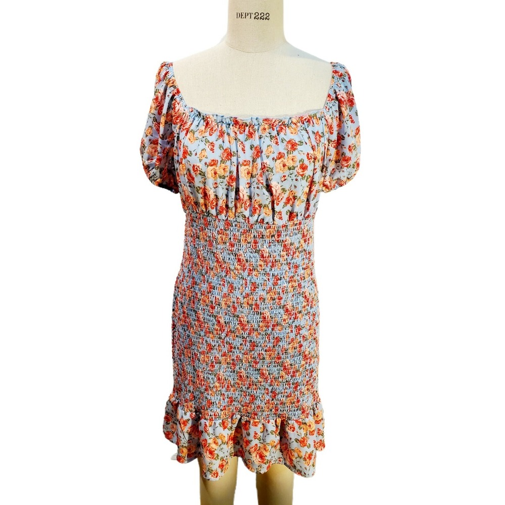 Almost Famous Blue Floral Smocked Mini Dress XL NWT Babydoll Puff Sleeve Ruffle
